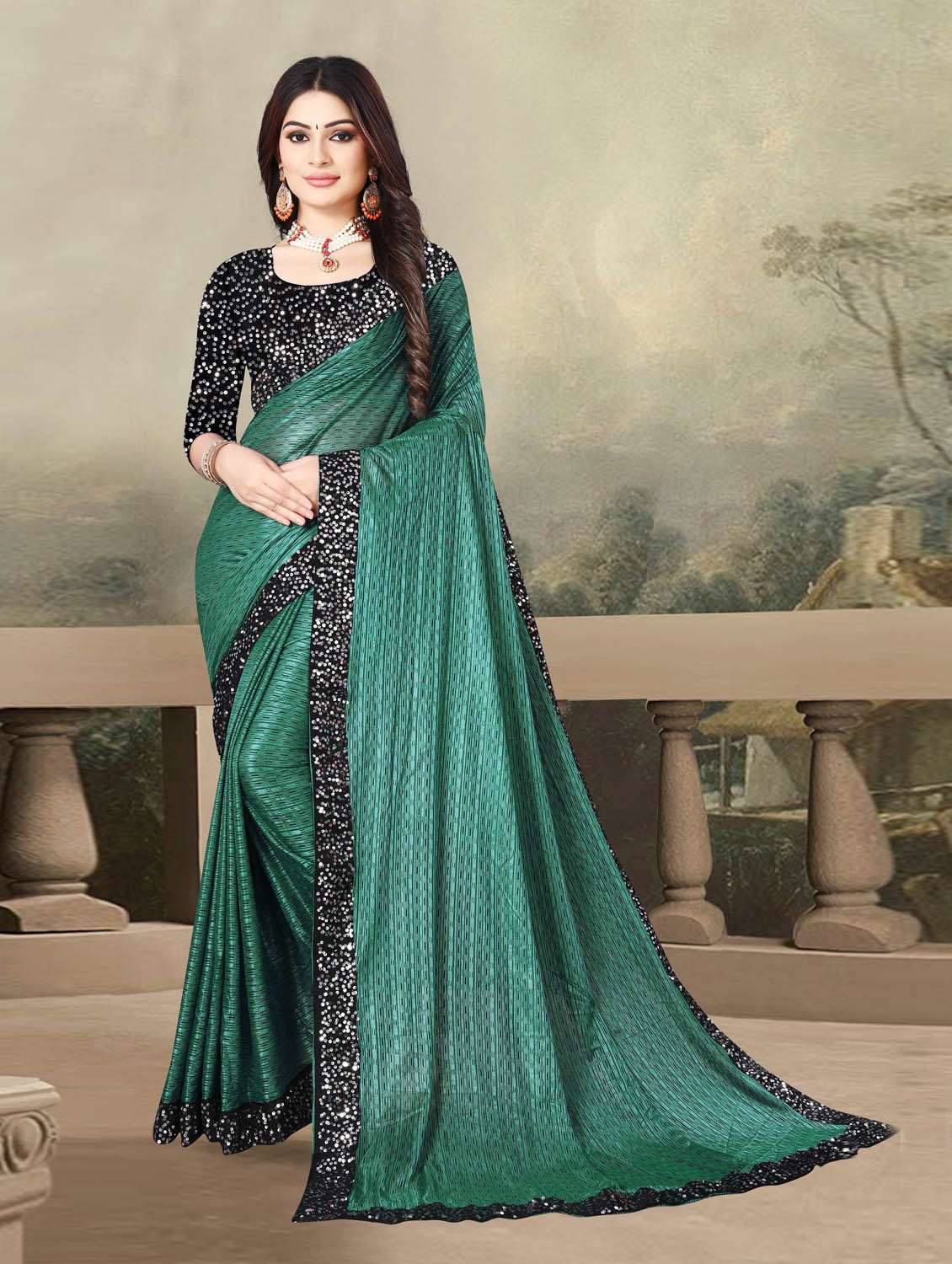 women's bordered royal blue colored saree with blouse