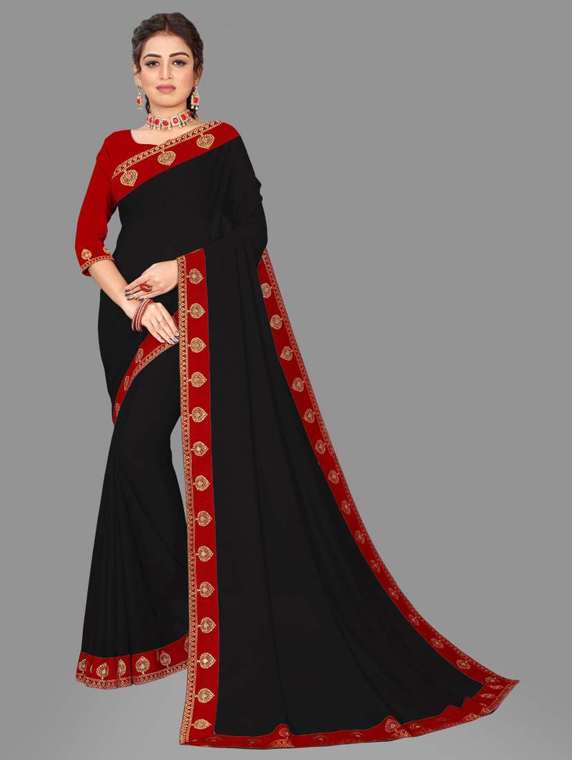 women's bordered black colored saree with blouse