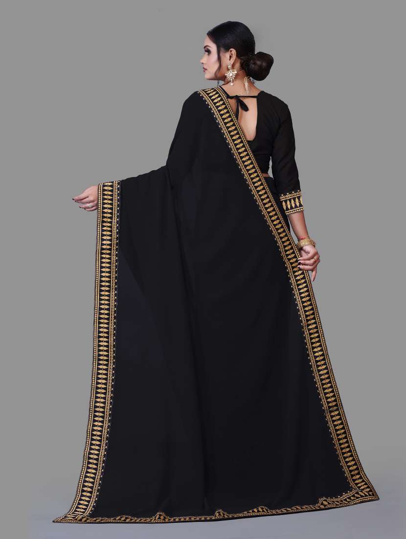 women's bordered black colored saree with blouse - 18909536 -  Standard Image - 1