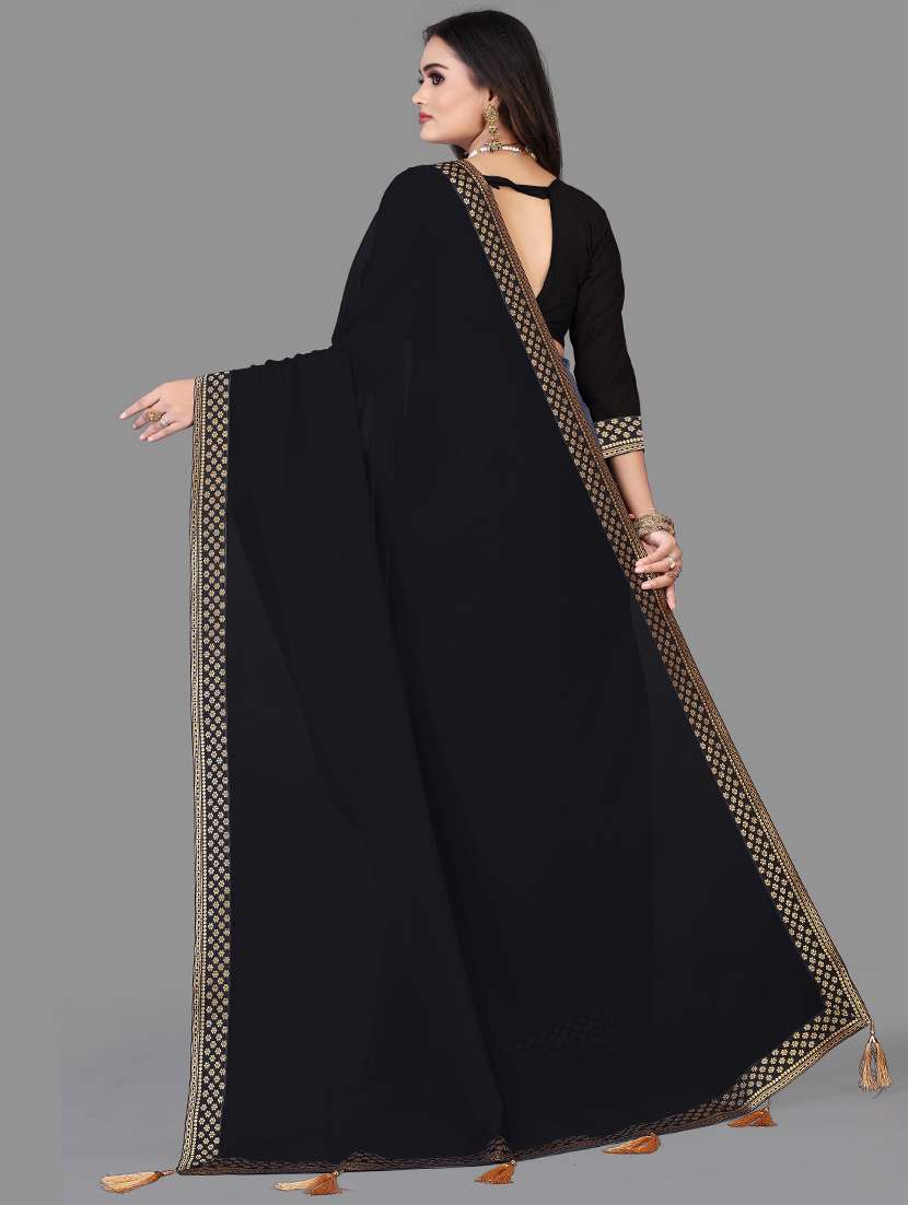 women's bordered black colored saree with blouse - 18909545 -  Standard Image - 1