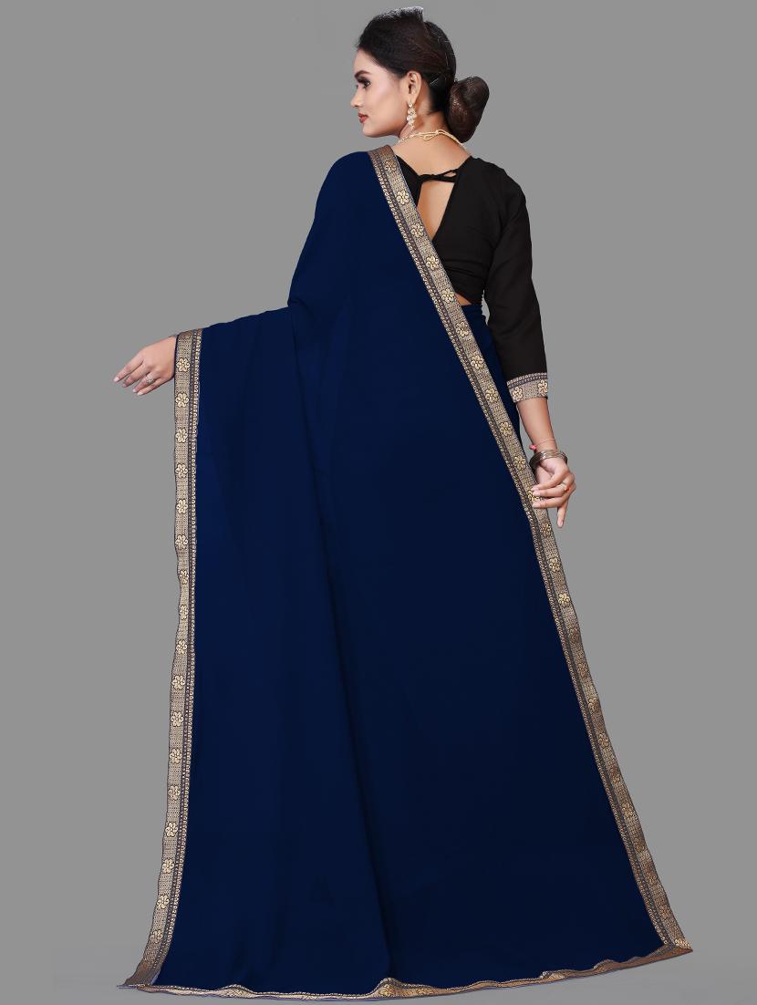 women's bordered navy blue colored saree with blouse - 18909566 -  Standard Image - 1