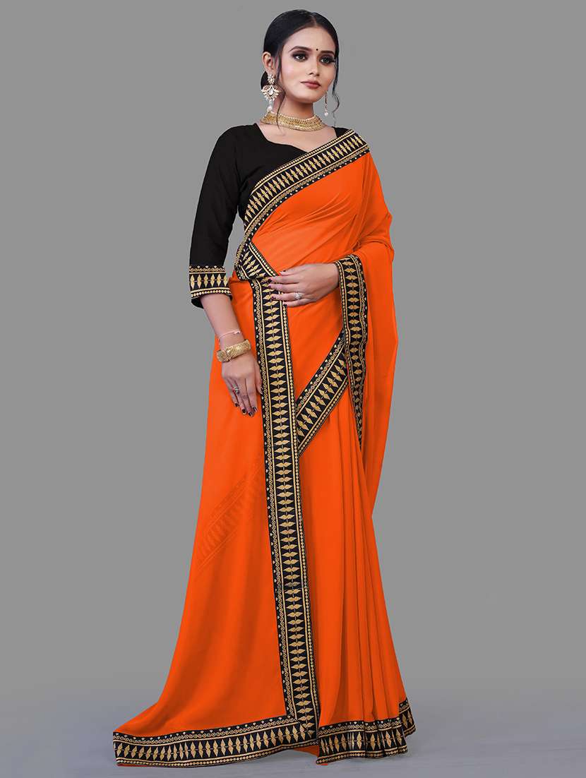 women's solid orange colored saree - 18909904 - Standard Image - 1