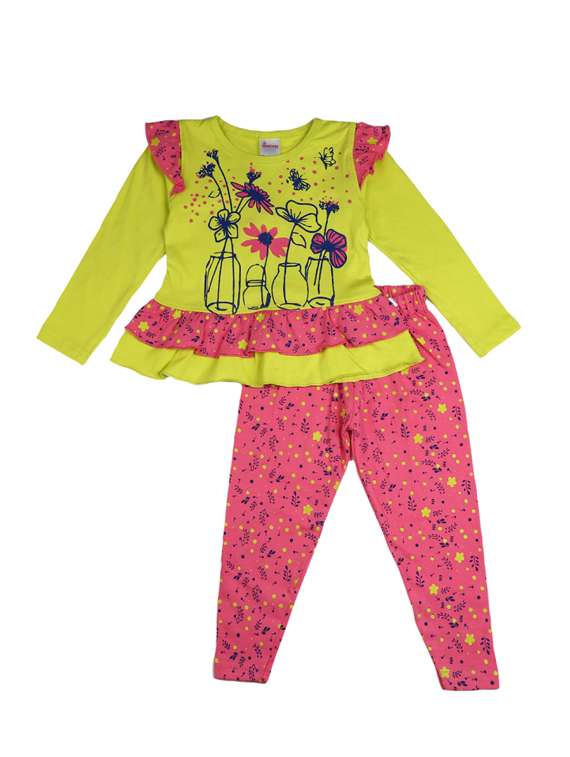 green & pink printed cotton twin set