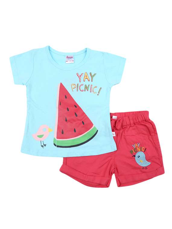 blue & pink printed cotton twin set