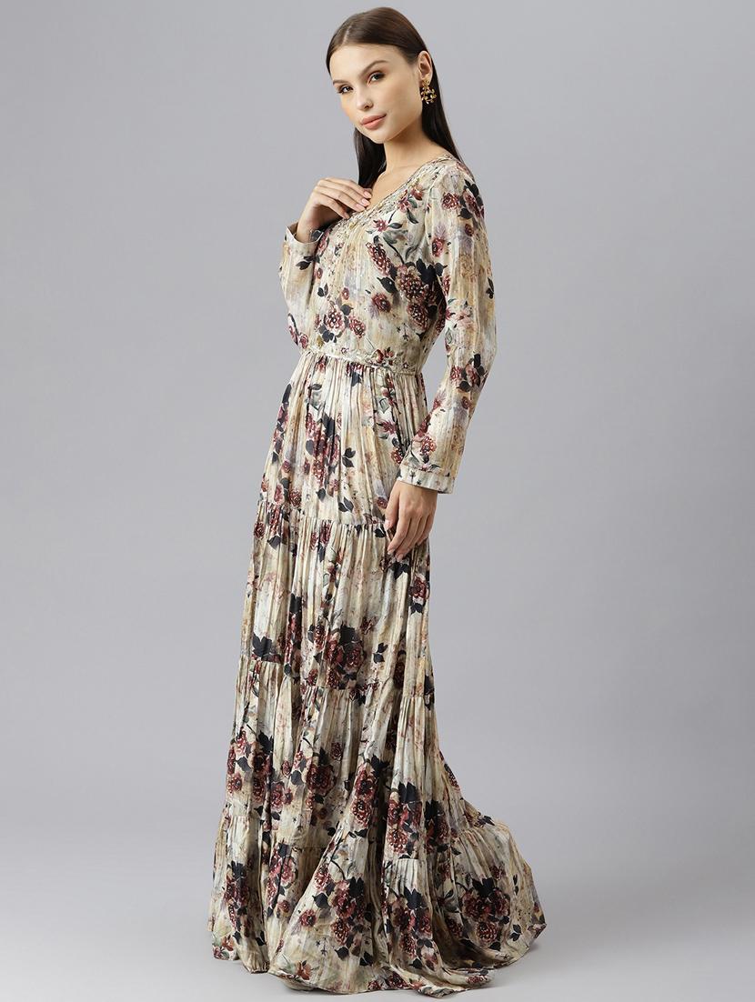 grey satin fit & flare ethnic dress - 18913372 -  Standard Image - 1
