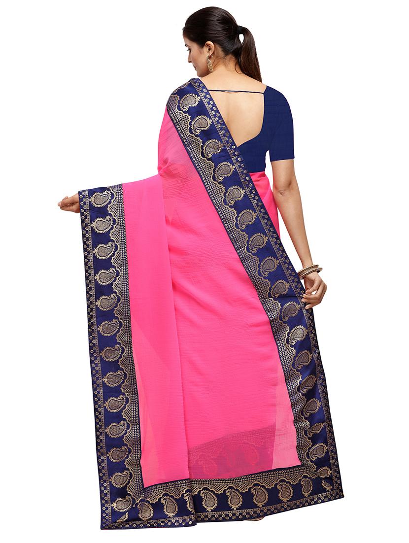 pink solid with bordered saree with blouse - 18929171 - Standard Image - 1