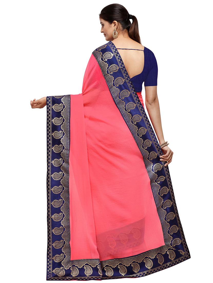 pink solid with bordered saree  with blouse - 18929177 -  Standard Image - 1