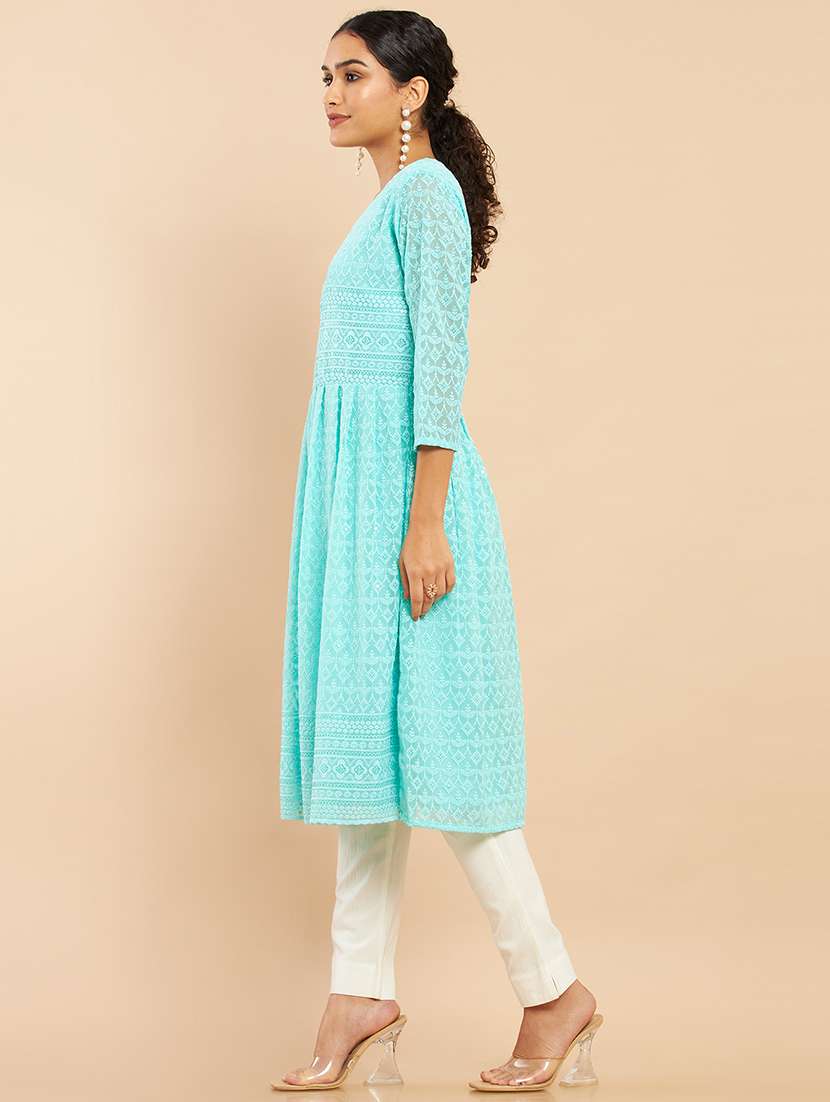 blue coloured jacquard a-line kurta - 18932470 -  Standard Image - 1