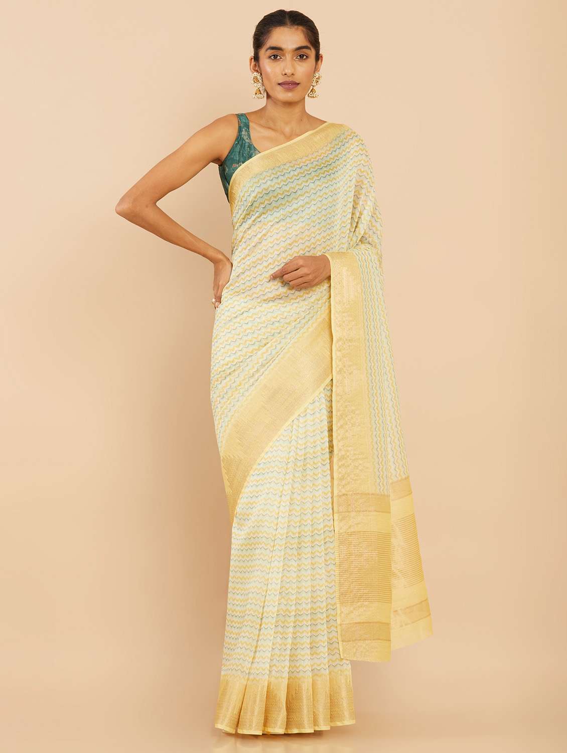 women's self design lemon sherbet colored saree
