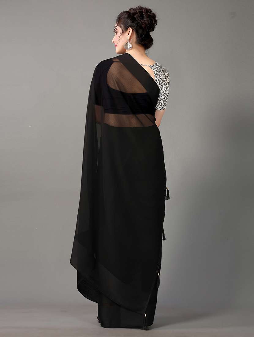 women's solid black colored saree with blouse - 18949218 -  Standard Image - 1