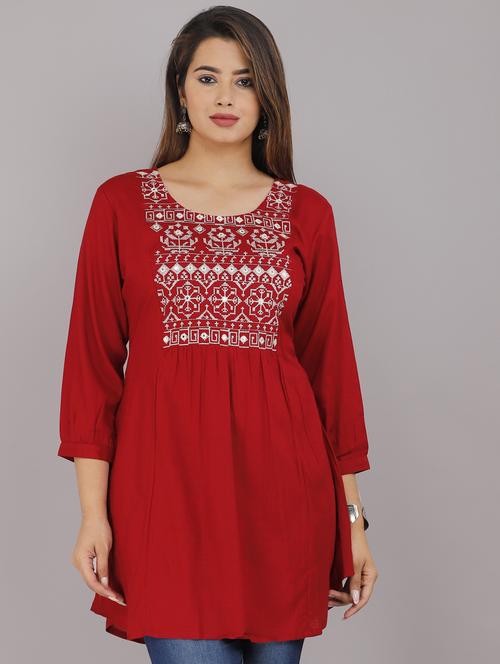 red embroidered round neck tunic - 18949334 -  Standard Image - 0