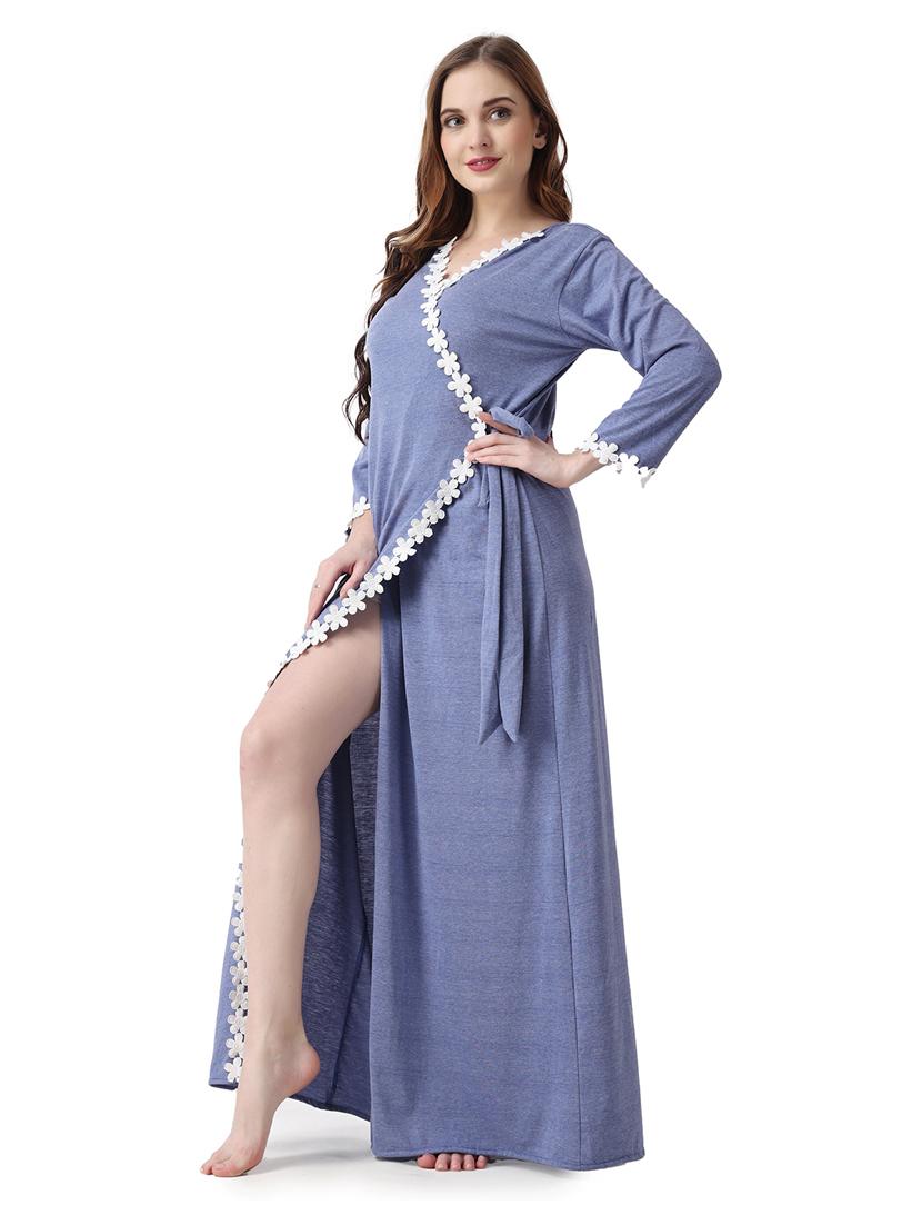 blue solid v-neck wrap nighty - 18950789 -  Standard Image - 1