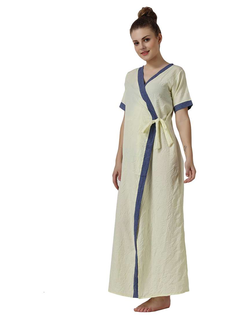 yellow solid v-neck wrap nighty - 18950797 -  Standard Image - 1