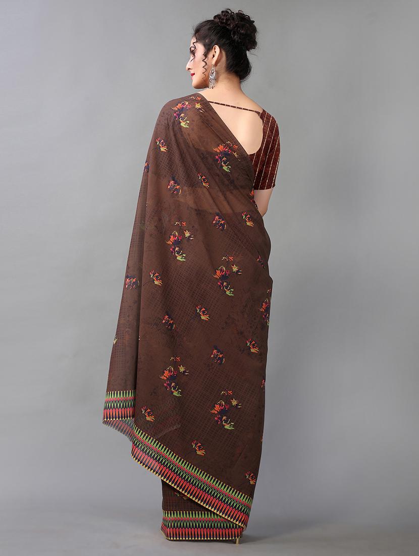 brown georgette printed saree with blouse - 18958842 - Standard Image - 1