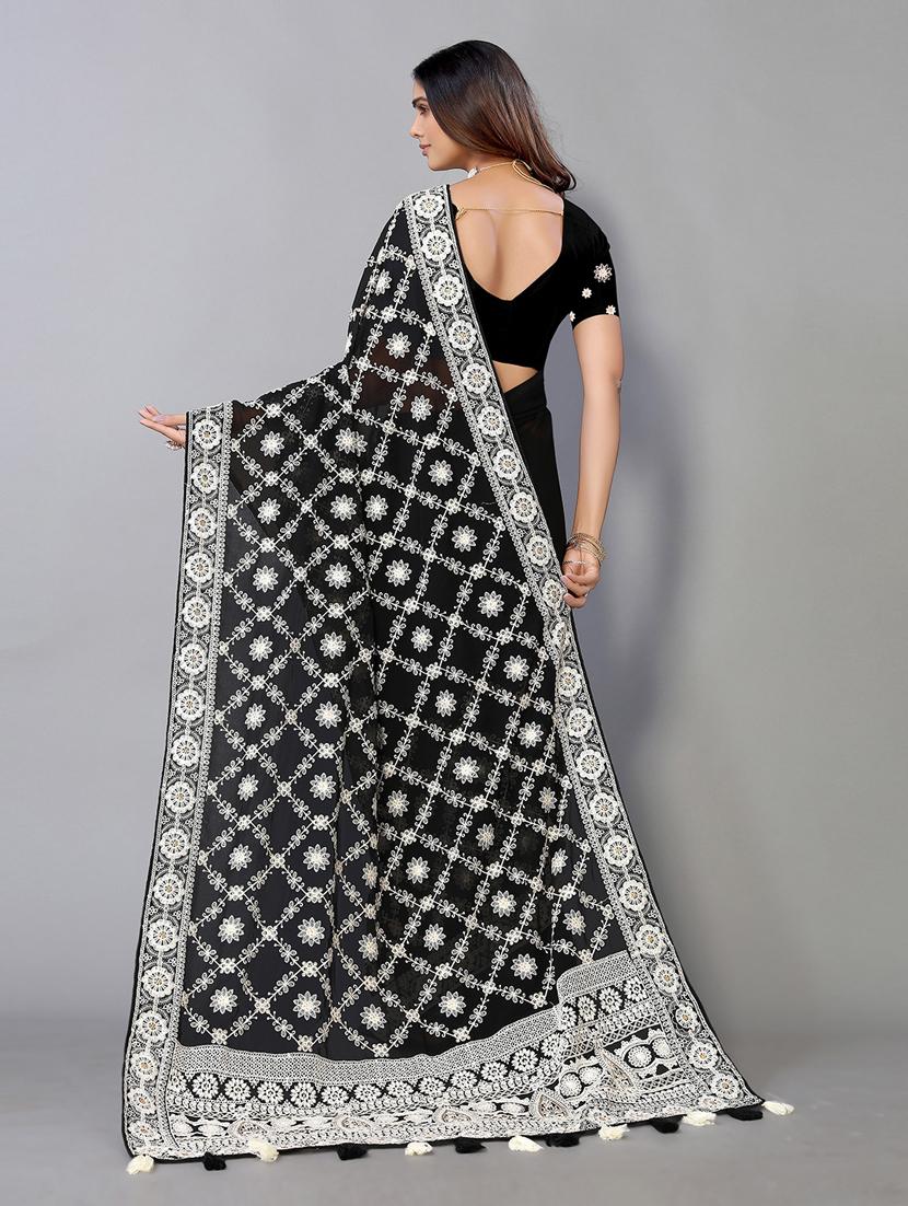 black georgette embroidered saree with blouse - 18958879 -  Standard Image - 1