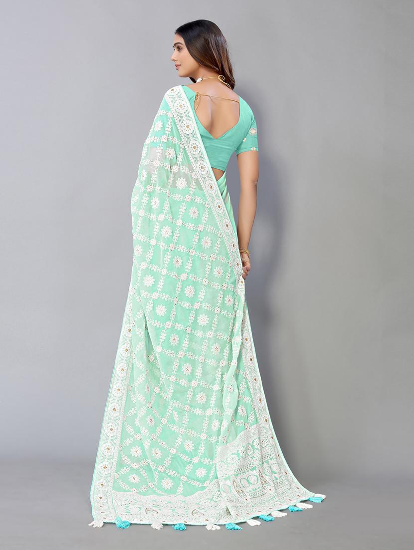 turquoise georgette embroidered saree with blouse - 18958882 -  Standard Image - 1