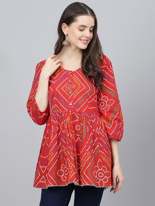 red v-neck bandhani printed tunic - 18959468 - Standard Image - 0
