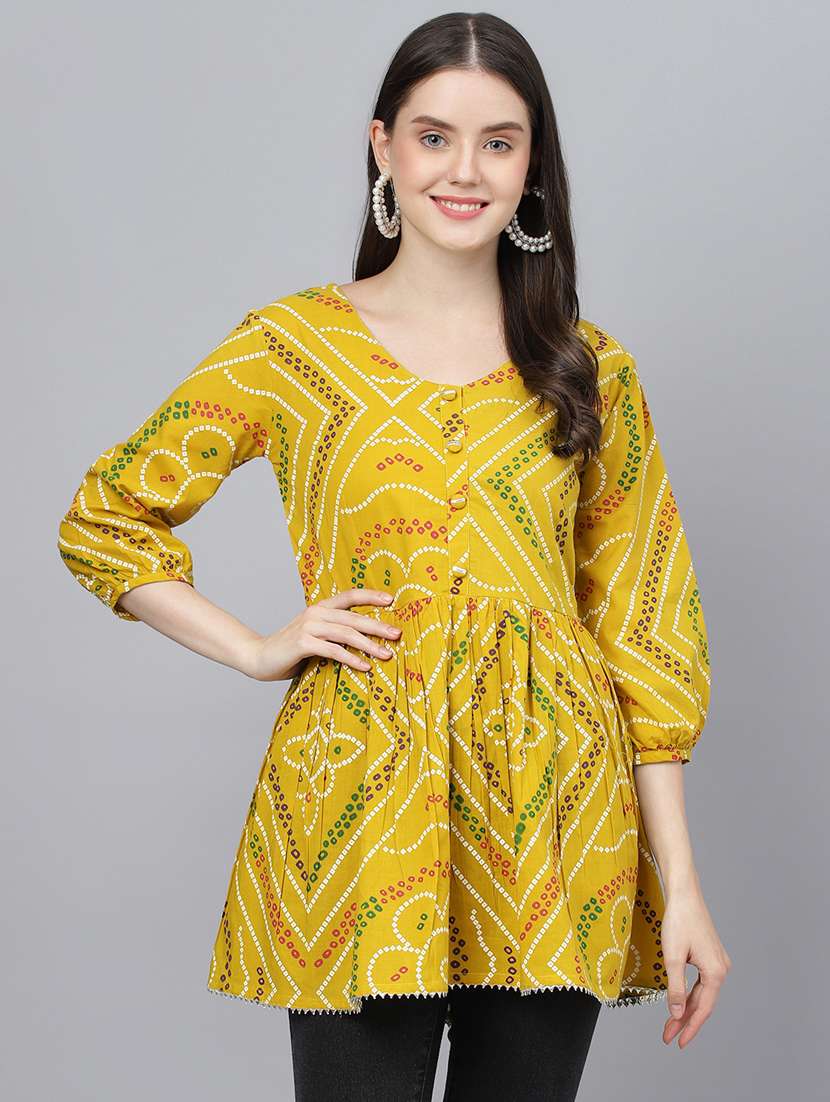 yellow v-neck bandhani tunic