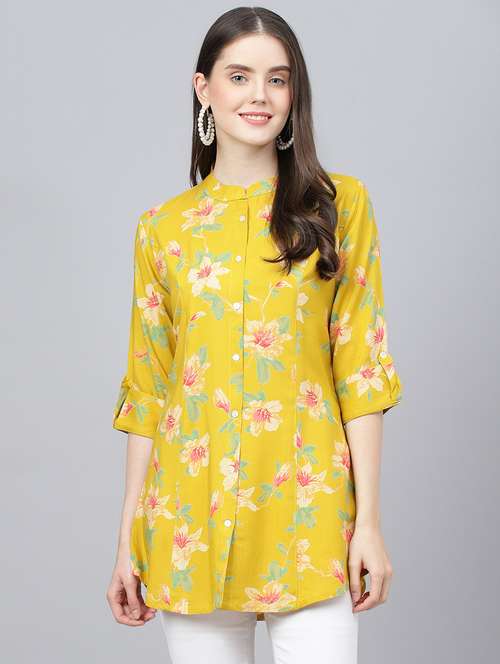 yellow mandarin neck printed a-line tunic - 18959475 -  Standard Image - 0