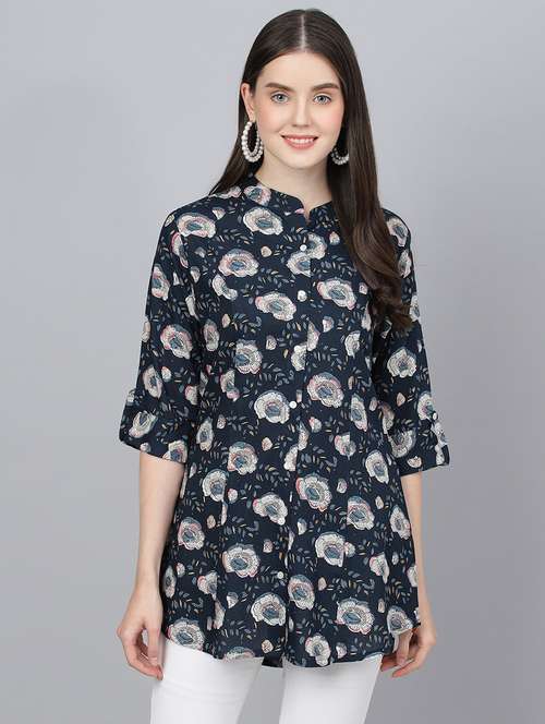 blue mandarin neck printed a-line tunic - 18959477 -  Standard Image - 0