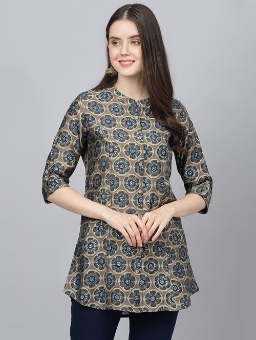 grey mandarin neck printed a-line tunic - 18959481 -  Standard Image - 0