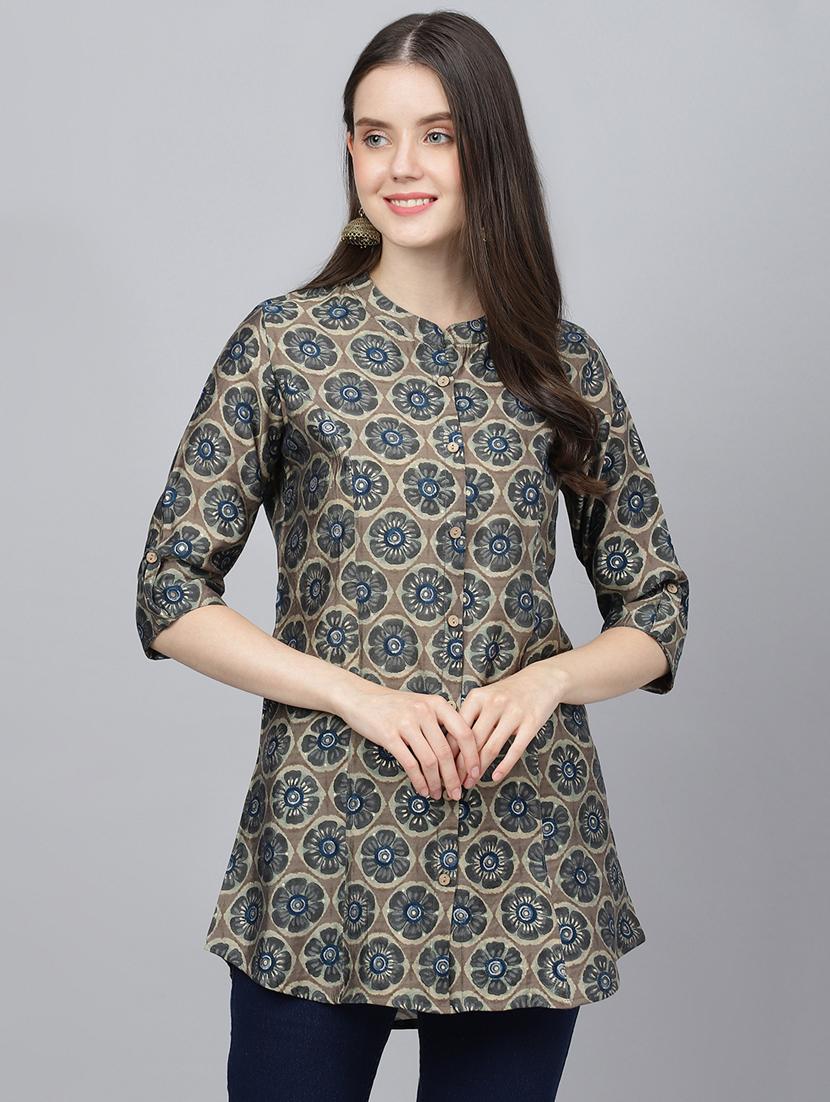 grey mandarin neck printed a-line tunic - 18959481 -  Zoom Image - 0