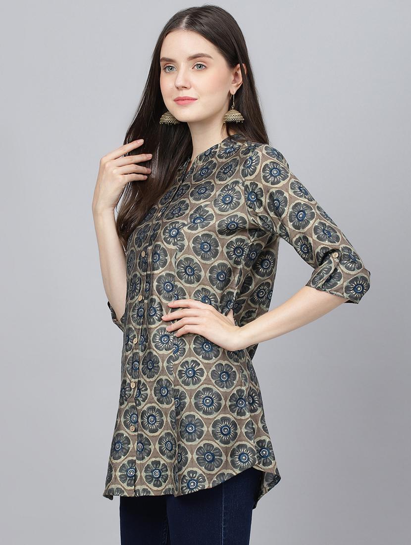 grey mandarin neck printed a-line tunic - 18959481 - Standard Image - 1