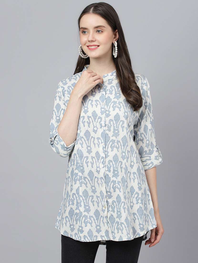 white printed mandarin neck a-line tunic
