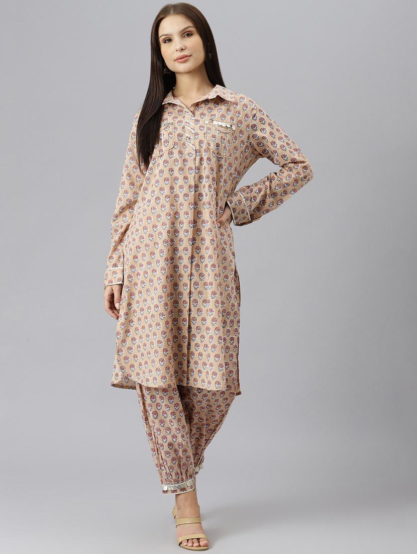 women beige floral kurta salwar set