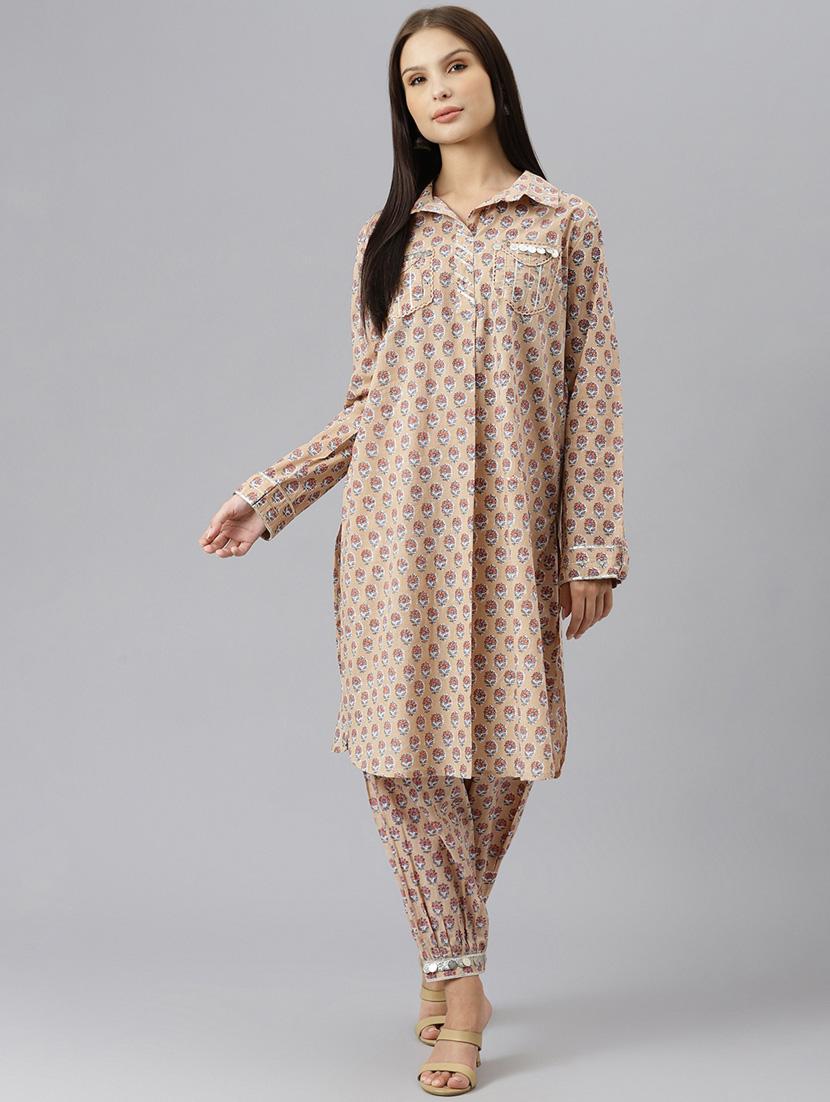 women beige floral kurta salwar set - 18961525 -  Standard Image - 1