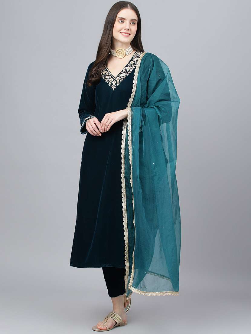women teal long sleeve kurta pant with dupatta set - 18961549 -  Zoom Image - 0
