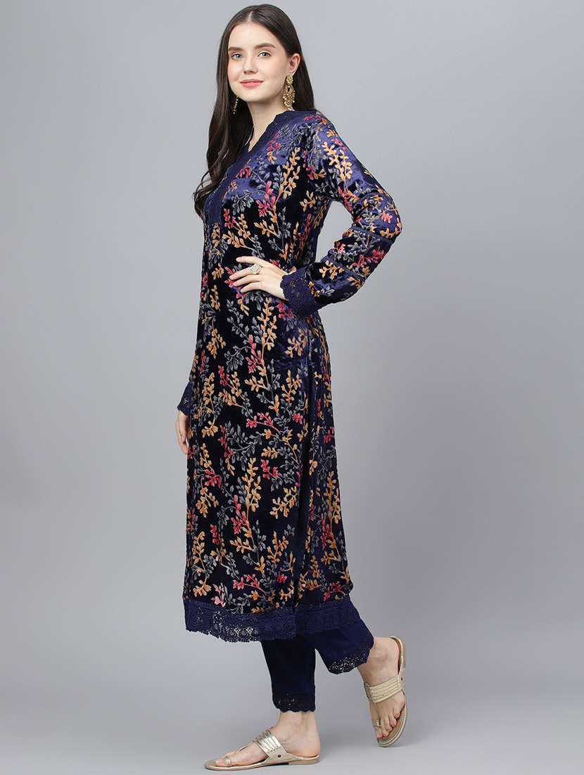 women navy blue long sleeve kurta pant with dupatta set - 18961550 -  Standard Image - 1