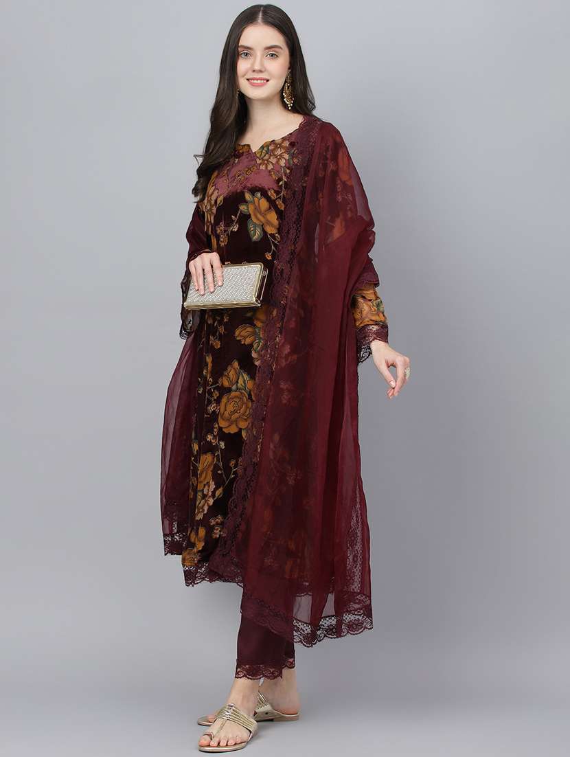 women burgundy floral kurta pant set with dupatta - 18961551 -  Standard Image - 1
