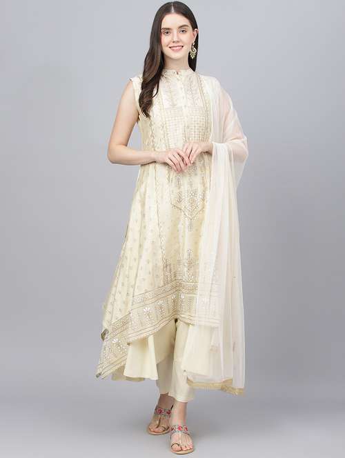 women cream sleeveless kurta pant with dupatta set - 18961552 -  Standard Image - 0