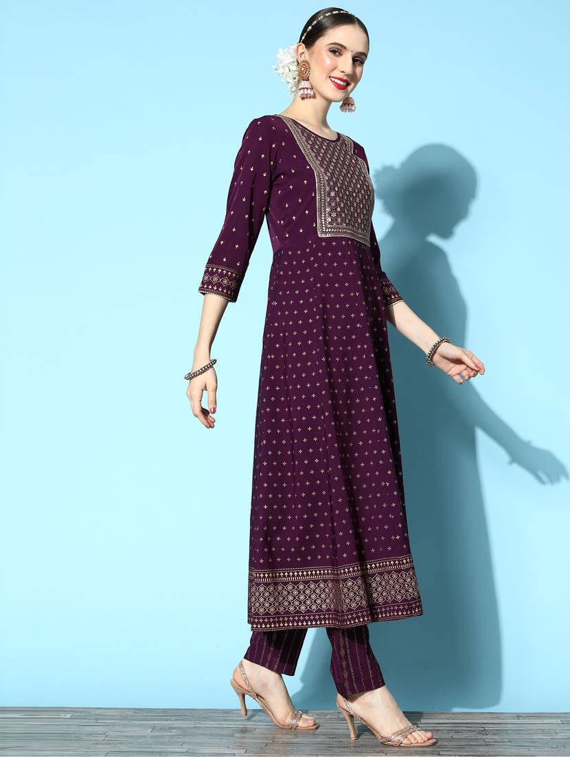 embroidered foil printed a-line kurta pant set - 18961826 - Standard Image - 1