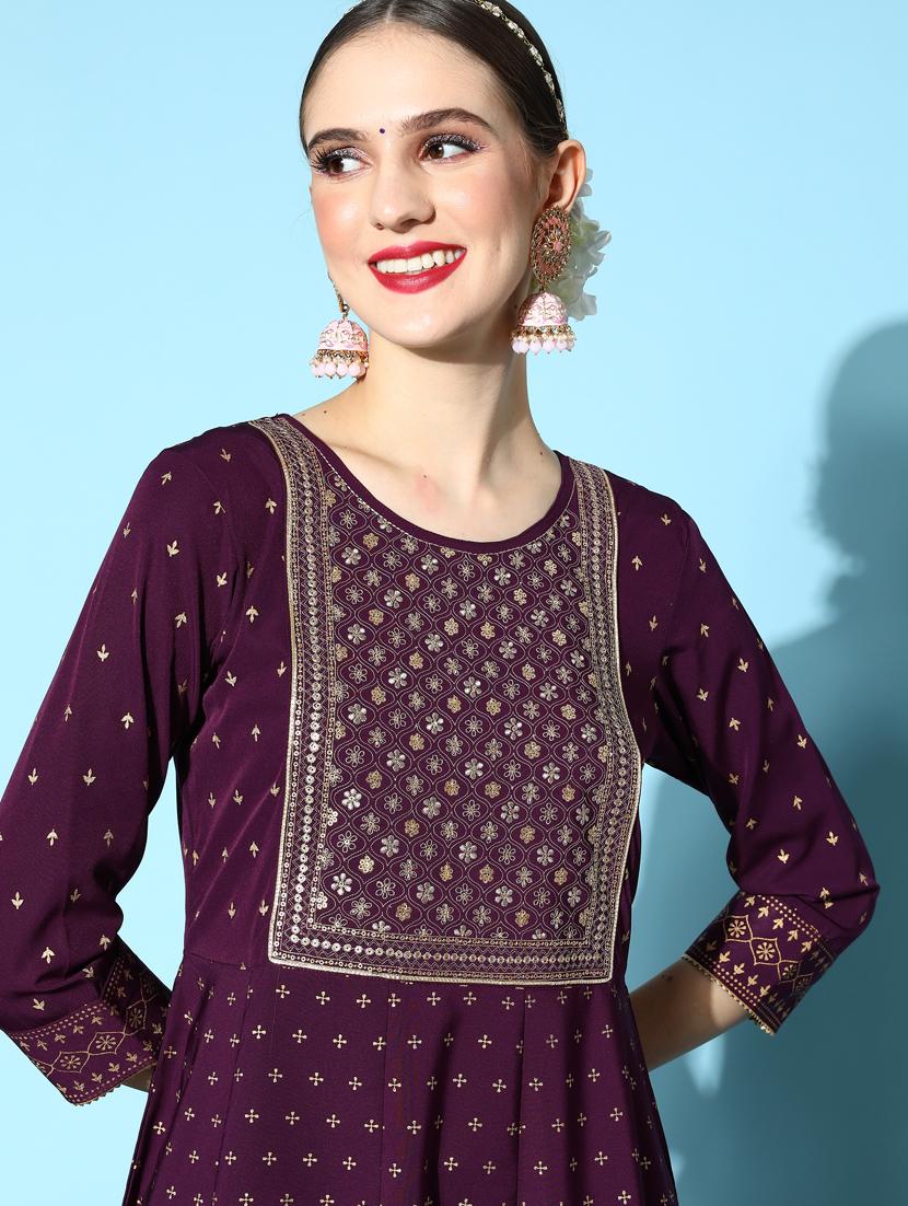 embroidered foil printed a-line kurta pant set - 18961826 - Standard Image - 4