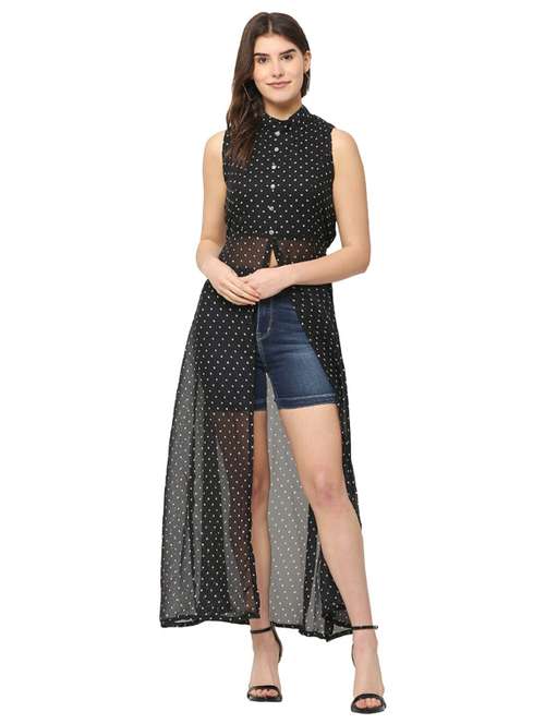 women black polka dot printed high slit long top - 18961937 -  Standard Image - 0