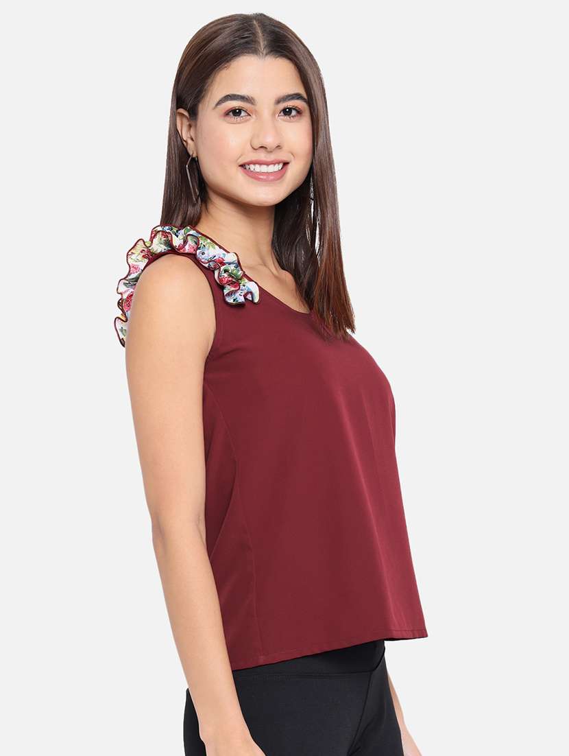 women maroon round neck solids top - 19036405 -  Standard Image - 1