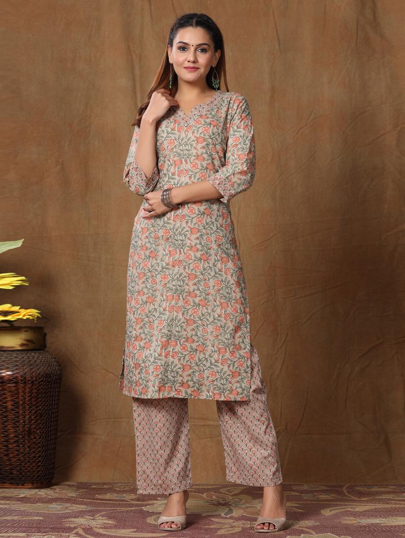 beige cotton kurta palazzo set - 19037308 - Zoom Image - 0