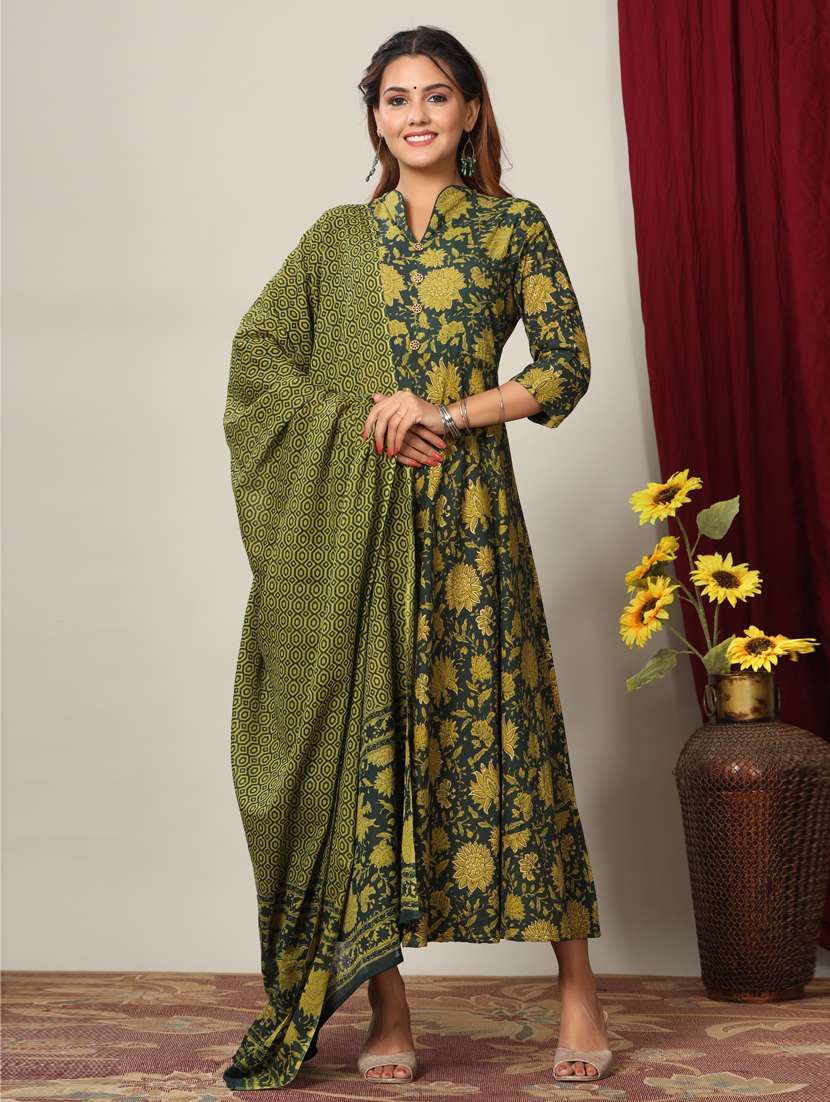 green cotton kurta dupatta  set