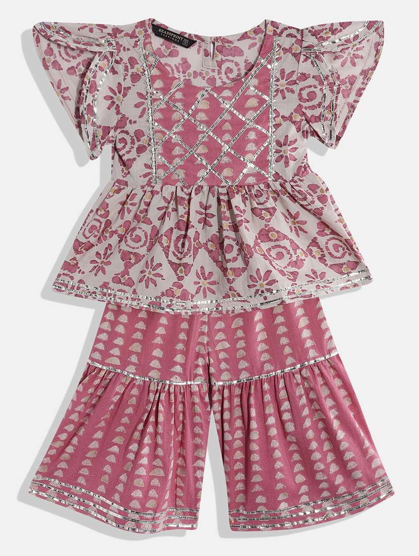 girls round neck printed kurta sharara set 