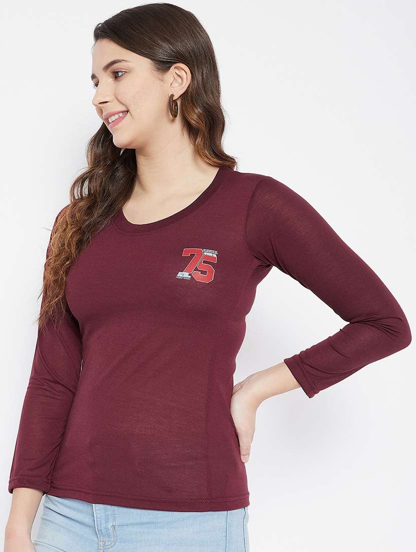 maroon coloured printed regular tee - 19082372 -  Standard Image - 1