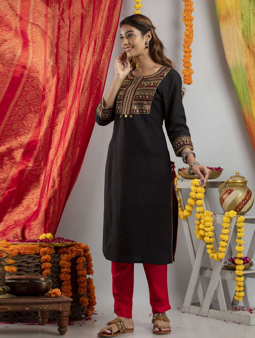 black rayon straight kurta - 19082416 -  Standard Image - 1