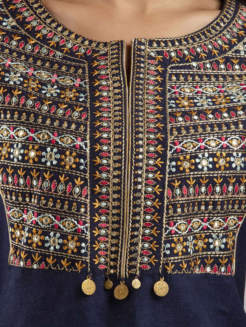 navy embroidered rayon straight kurta - 19082417 -  Standard Image - 4