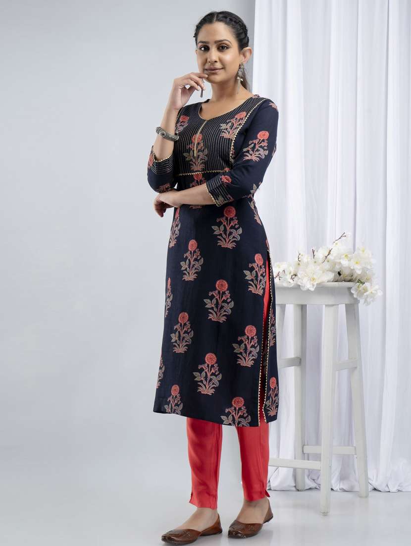 navy rayon straight kurta - 19082420 -  Standard Image - 1