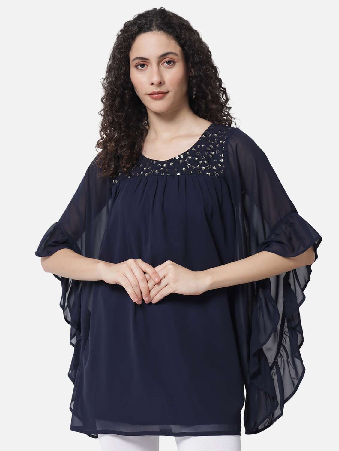 women's navy regular fit round neck top