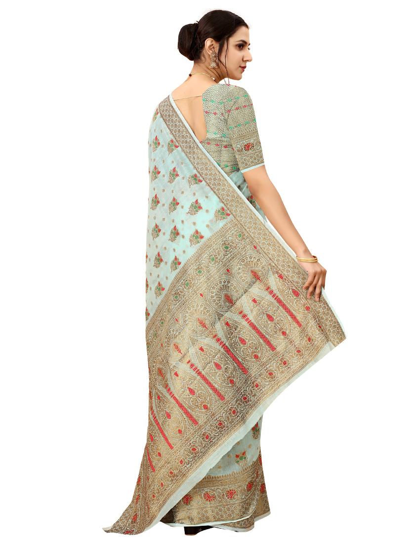 blue cotton silk  set saree with blouse - 19082941 -  Standard Image - 1