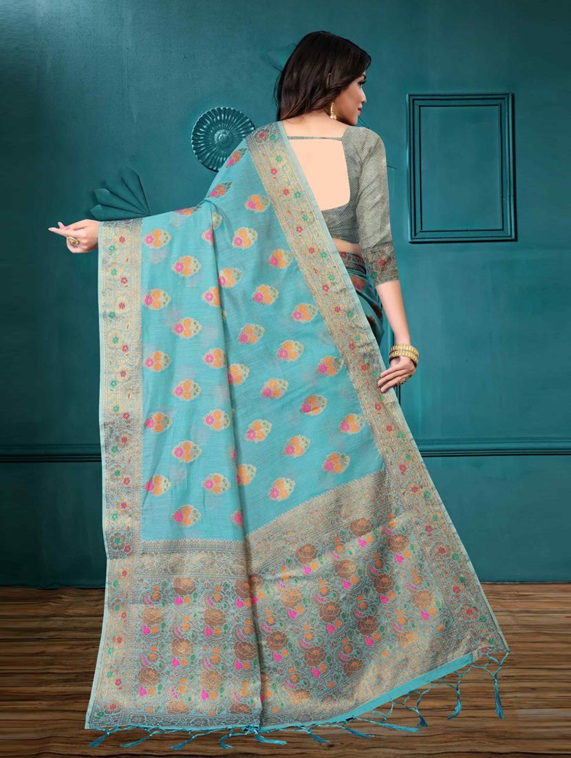 blue cotton silk set saree with blouse - 19082996 - Standard Image - 1