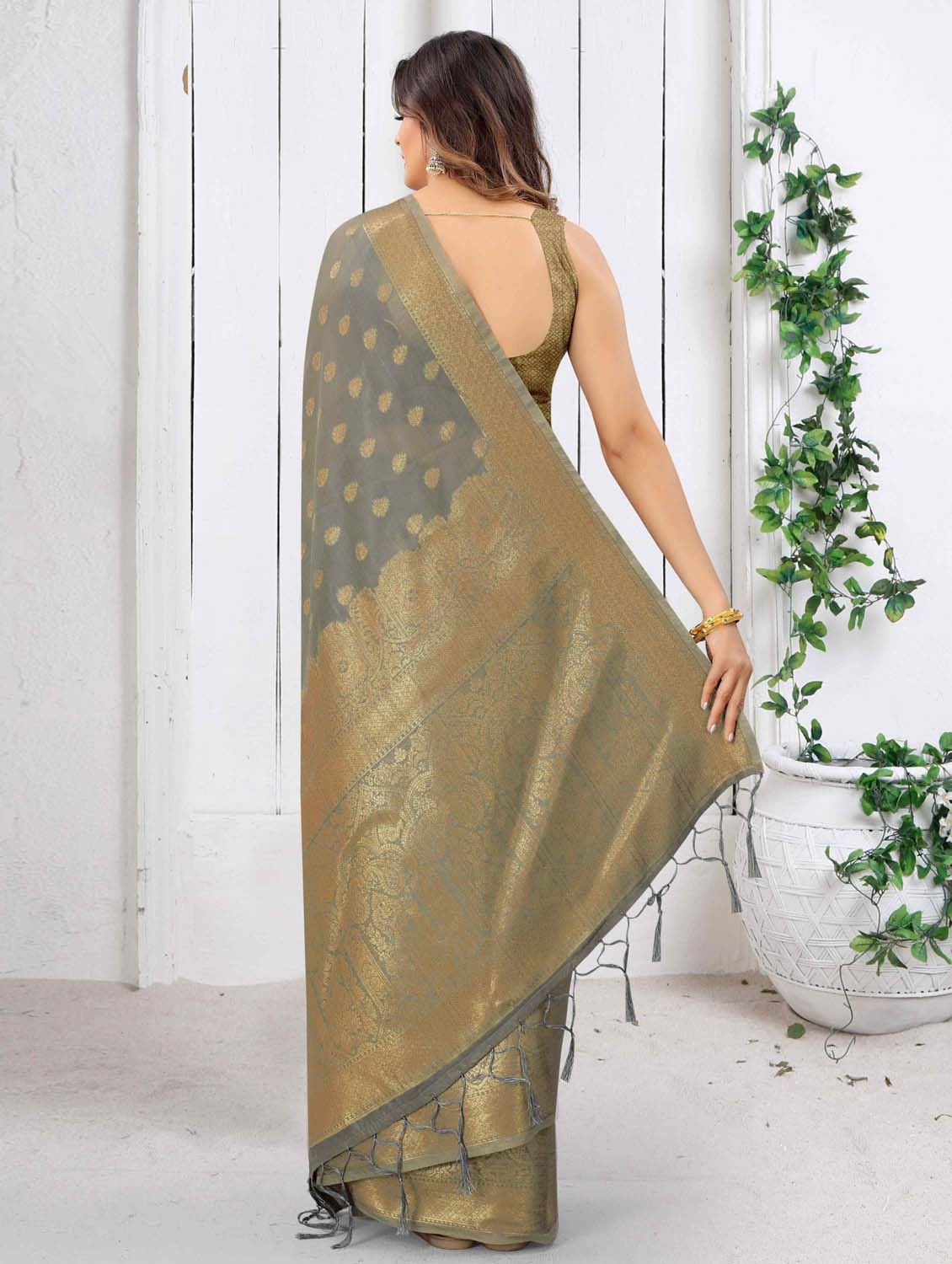 self design zari work woven saree with blouse - 19083133 -  Standard Image - 1