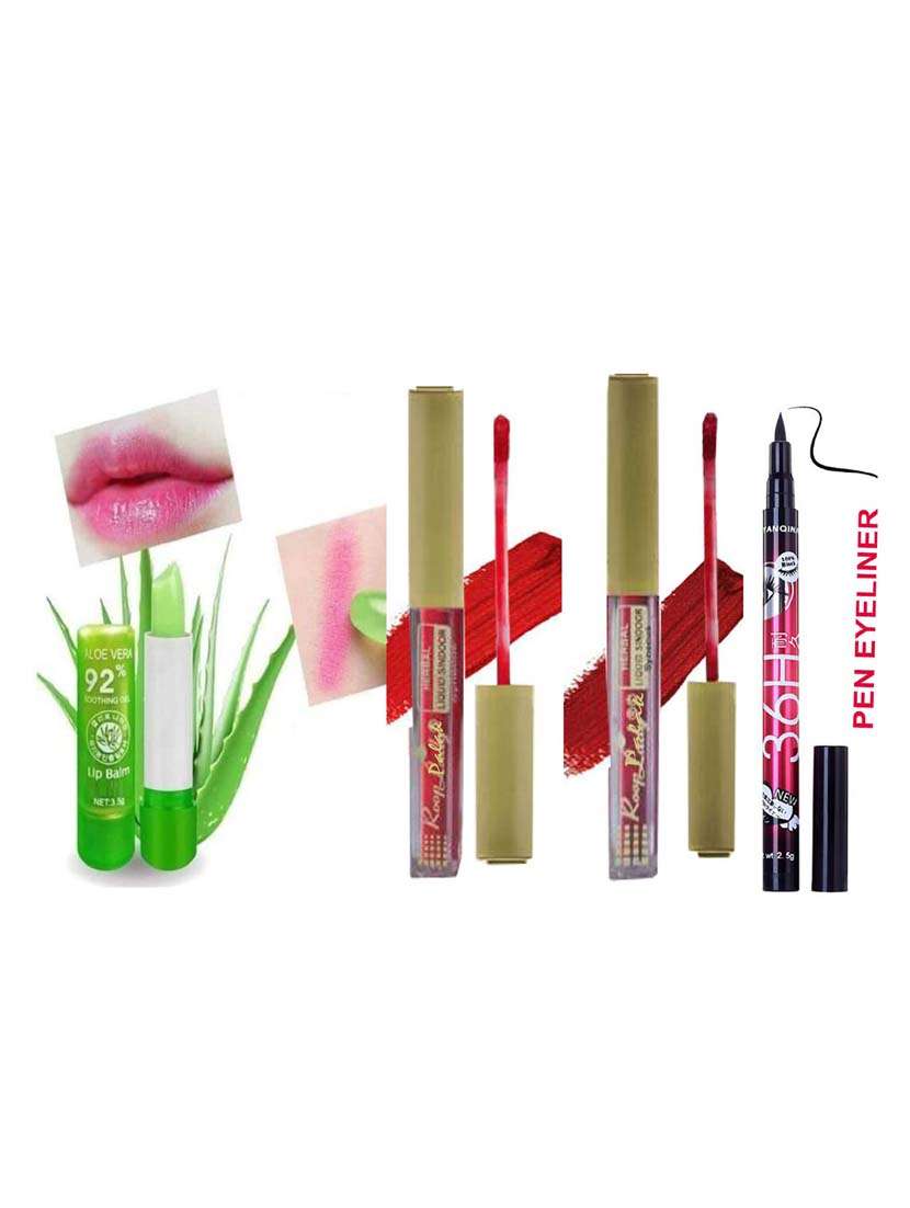 aloe vera lip balm, red & maroon sindoor, eyeliner